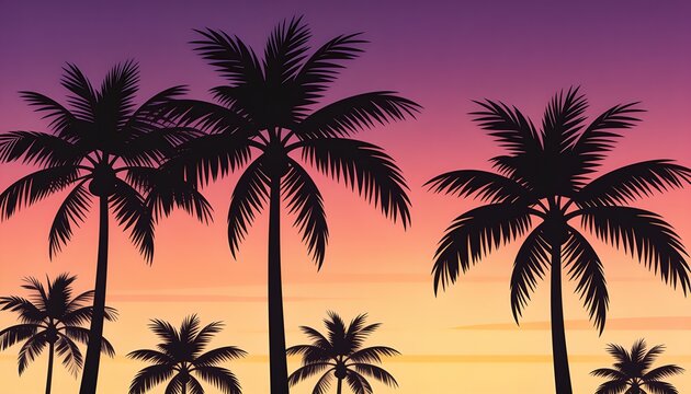 palm trees, beach landscape, purple sky, summer dusk, island horizon, sunset, vector background, evening sky, nature design