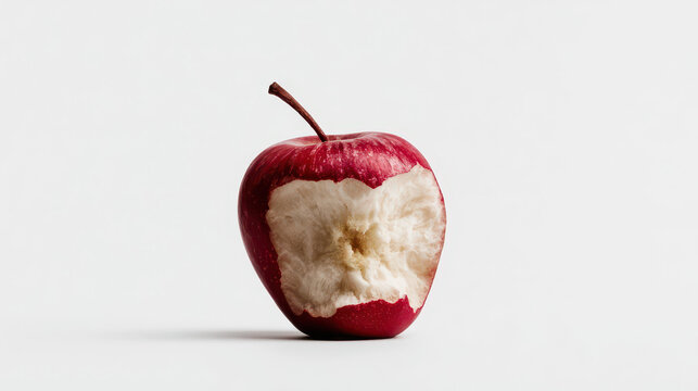 Red Apple Core with Brown Stem on White Background, Minimalist Still Life for Healthy Eating Concepts