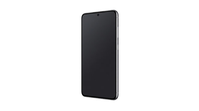 Modern black smartphone with a blank screen display shown from a side angle isolated on transparent background