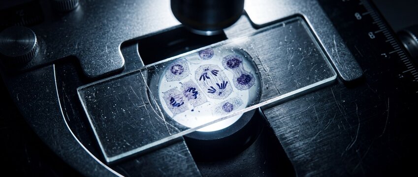 Microscope slide showing purple stained dividing cells during mitosis on illuminated stage in laboratory for genetic research and education purposes.