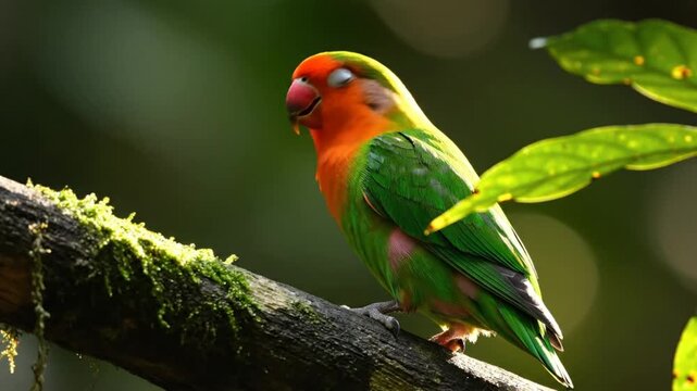 Brightly colored lovebird parrot perched on a moss-covered branch in a tropical setting, close-up view