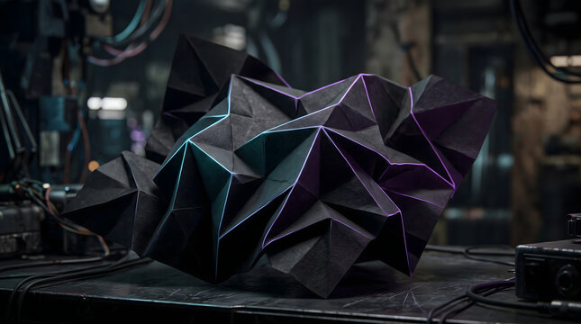 Futuristic low poly abstract dark geometric sculpture with glowing neon blue and magenta edges resting on a metallic laboratory workbench in gritty cyberpunk industrial workshop environment