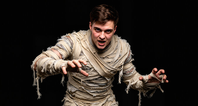Studio shot portrait  of young man in costume  dressed as a halloween  cosplay of scary mummy pose like a clamber acting on isolated black background
