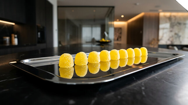 A row of bright yellow gumdrops arranged in a line on a silver tray indoors.