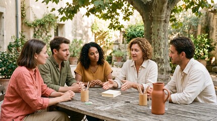 Obraz premium Facilitator leads a courtyard workshop under tree shade