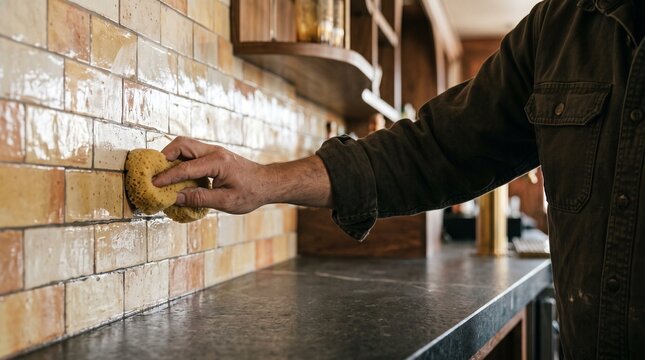 Worker wipes grout from a glazed restaurant bar backsplash