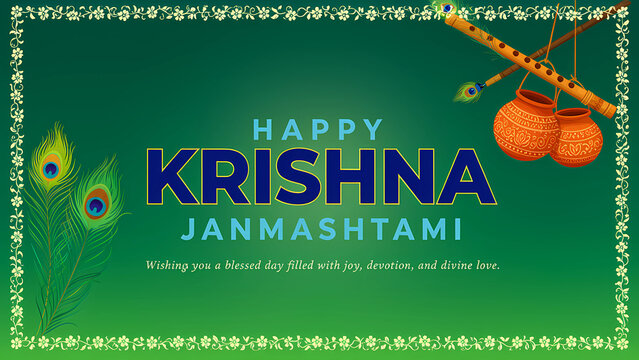 Happy Krishna Janmashtami green greeting card with flutes and peacock feathers