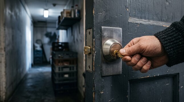 Manager unlocks the bakery back-office door at dawn