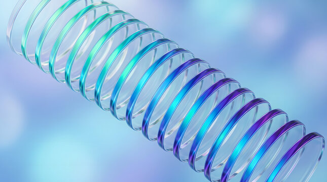 Abstract 3D render of a futuristic iridescent glass spiral coil with vibrant cyan, blue, and purple holographic gradients floating on a soft blurred pastel bokeh background for wallpaper