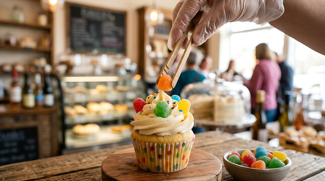 Chef adding colorful gumdrops to a frosted cupcake in a bakery