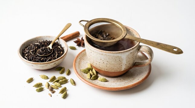 Ceramic teacup holding a brass mesh strainer rests near a matching bowl full of fragrant dried leaves and whole green pods against a seamless white backdrop.