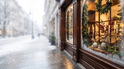 Fototapeta premium Elegant Christmas Market Window Background with Warm Holiday Lights and Copy Space