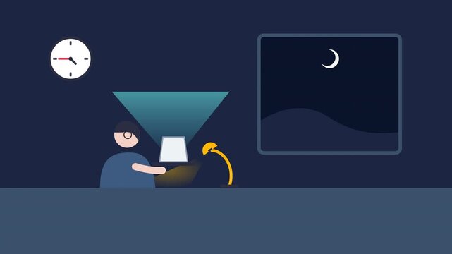 Working late night at desk with laptop clock ticking time passing until morning sunrise and task done flat animation