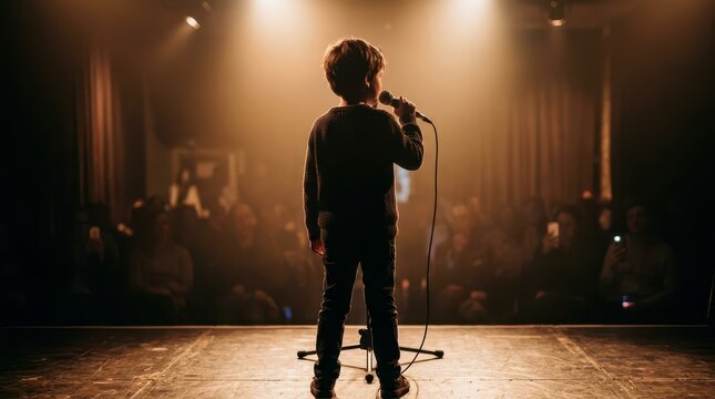 Young Performer Singing with Enthusiasm on Stage Under Bright Lights in Front of an Engaged Audience