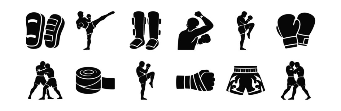muay thai silhouette icons for discipline, strength, protection, performance, and resilience metaphors transparent background