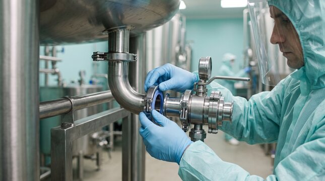 Specialist examines a sanitary valve connection