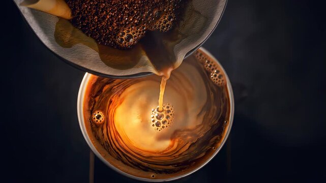 Top view of freshly brewed coffee being poured into a ceramic cup.