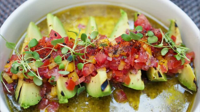 Freshly prepared grilled avocado halves with pico de gallo salsa and microgreens in rich olive oil.