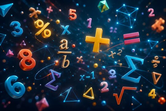 Colorful Mathematical Symbols and Equations on a Digital Learning Background