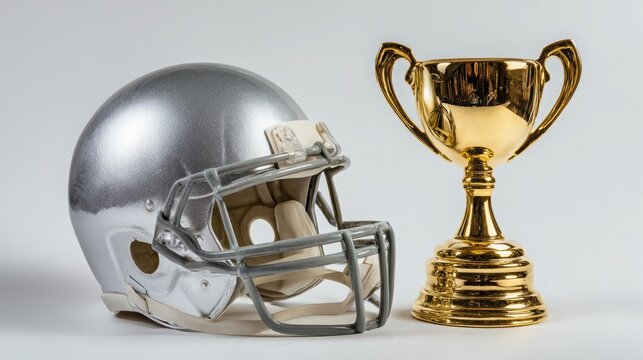 Silver American football helmet and gold trophy cup isolated on white background