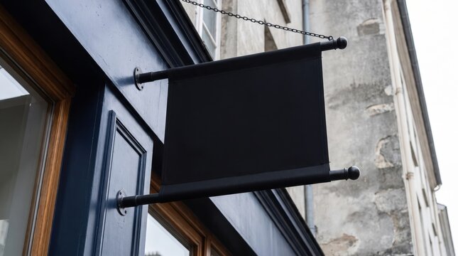 Blank black fabric hanging shop signboard mockup on blue storefront facade