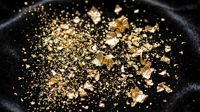 Luxurious golden foil flakes and sparkling gold dust scattered on elegant black velvet fabric background, creating a premium metallic texture for holiday design, celebration, and wealth.