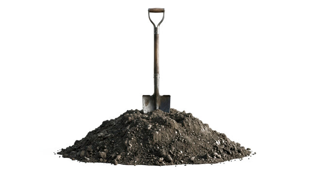 Shovel in a pile of soil on a transparent background for gardening and construction design elements