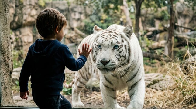 Child Interacting With a White Tiger at a Zoo Through a Glass Barrier Surrounded by Natural Habitat