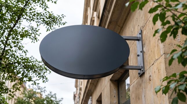 Blank black oval outdoor shop sign mockup hanging on stone wall