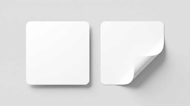 Blank square rounded sticker mockups flat and peeled corner on gray background