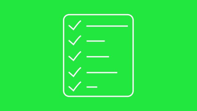 Minimalist white line checklist animation on a vibrant chroma key green background, business productivity, task management, project completion, and digital interface