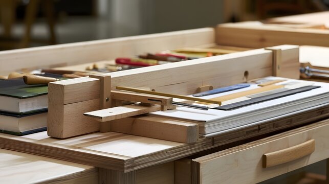 Wooden bookbinding workbench with clamps  tools  and stacked books in a workshop setting with soft lighting