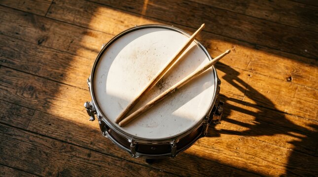 Close-Up View of a Snare Drum and Sticks in Soft Sunlight on a Wooden Floor