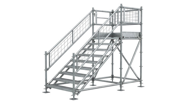 Industrial metal staircase with steel railings and steps on a transparent background for construction and architectural design