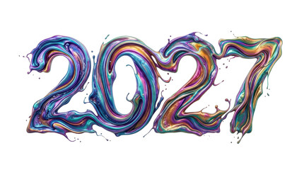 Obraz premium Colorful liquid 2027 typography with flowing paint effects on a transparent background for futuristic banner design