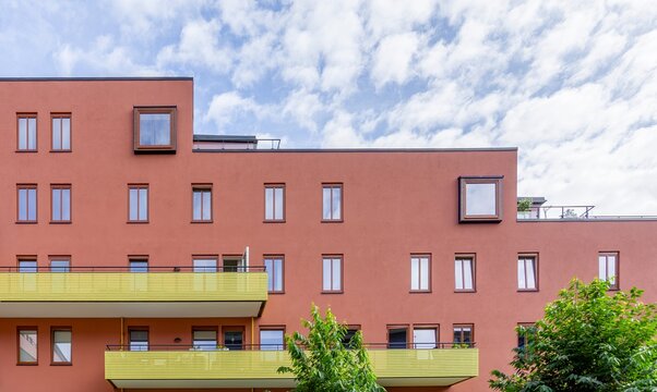 Oslo modern architecture featuring terracotta facade and yellow balconies