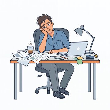 Exhausted man slumps at his desk surrounded by scattered papers and a laptop, symbolizing burnout and overwork in a modern office setting
