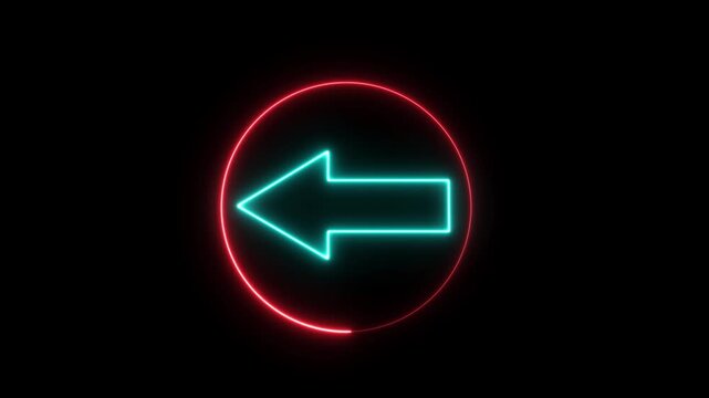 Glowing neon left arrow sign encased within a vibrant red circular border, dynamic digital light animation featuring a cyan directional pointer for modern ui navigation, and tech