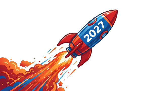 Colorful rocket illustration with 2027 text and fiery trail on a transparent background for futuristic design