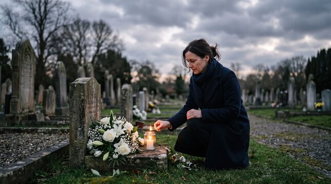 Woman lighting candle at grave