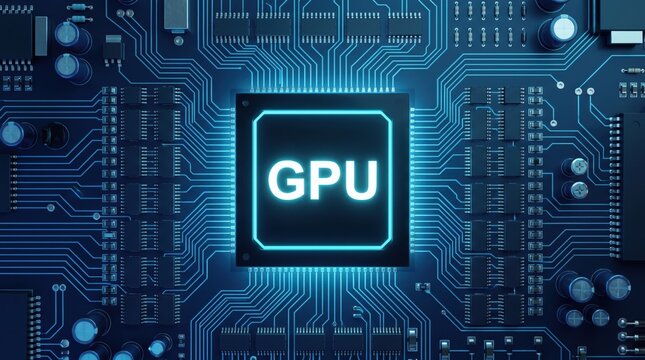 Futuristic glowing GPU processor chip on blue circuit board background