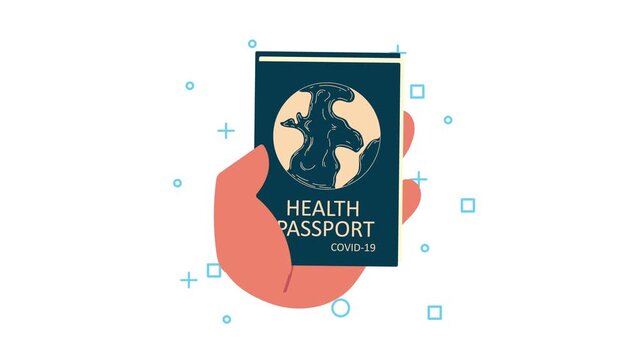 Animation of hand holding health passport for travel during covid pandemic on white background.