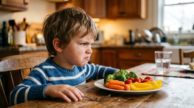Frustrated Young Boy Sitting at Table Refusing to Eat Colorful Vegetables on Plate in Home Kitchen