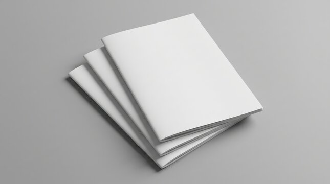 Stack of blank white booklet brochure mockups on neutral grey background