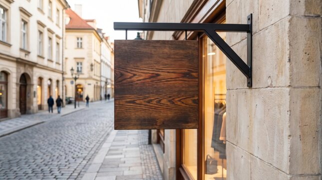 Square wooden shop sign mockup hanging with metal bracket on street facade