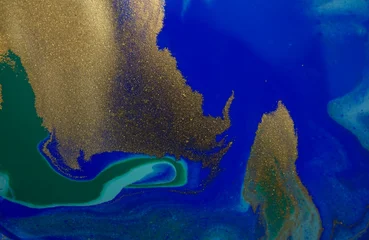 Abstract wave blue and gold marble background. Original Hand-drawn artwork made with ink on paper © Anna Babii