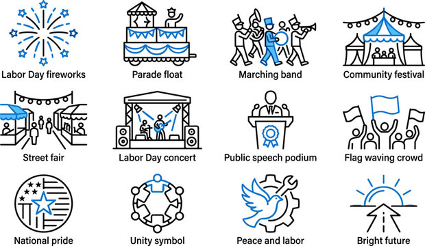 Labor day celebration icons set including parade, fireworks, concert, and community festival