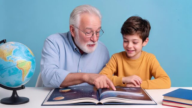 Grandfather and grandson exploring space through illustrated book. Senior man teaching preteen boy about astronomy with globe on table. Panning and tilting camera movement.