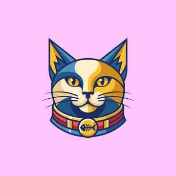A whimsical illustration of a cat's head with vibrant colors and a stylish collar, capturing the essence of playfulness and charm in pet representation.
