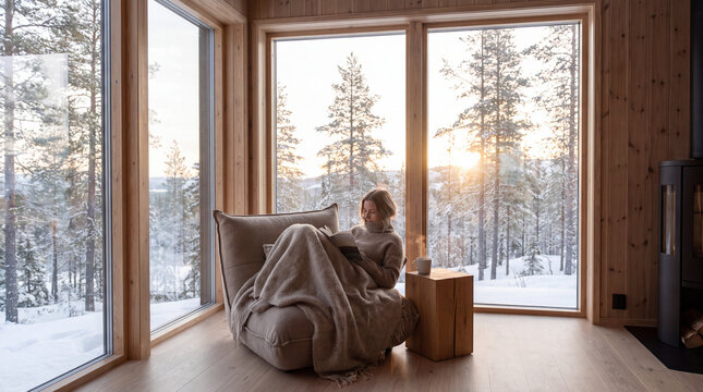 Woman reading book in cozy cabin chair with snowy forest view